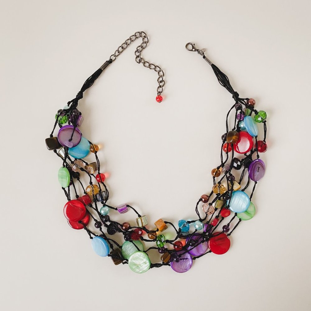 Premier Designs Bright Colorful Shell Glass Beaded Cord Funky Statement Necklace